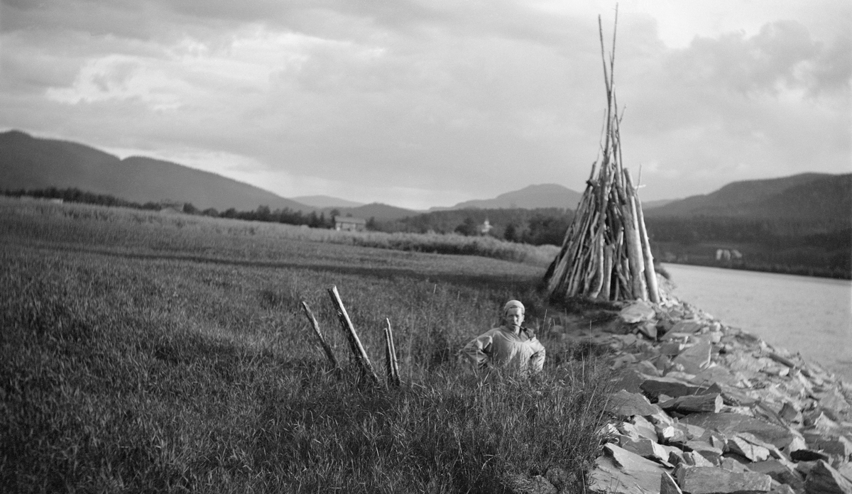 Sommerbilde fra oppdyrket elveslette på Vestgårdsøya i Stor-Elvdal.  Fotografiet er tatt sommeren 1933, året etter at Vassdragsvesenet la opp en steinmur for å hindre at flomvannet grov seg innover i kulturlandskapet.  Noe av elveløpet og steinvollen skimtes til høyre i bildet.  En del trevirke, muligens drivved, er reist på steinvollen.  Til vestre for vedreiset ses en forsenkning i landskapet, muligens en lokalitet der elvevannet har gravd vekk noe av jordsmonnet.  Et menneske står i forsenkningen, og bare overkroppen rager over marknivå- Bakenfor ses elvesletta med korn- og grasavlinger.  På slettas kimtes enkelte bygninger, antakelig løer.