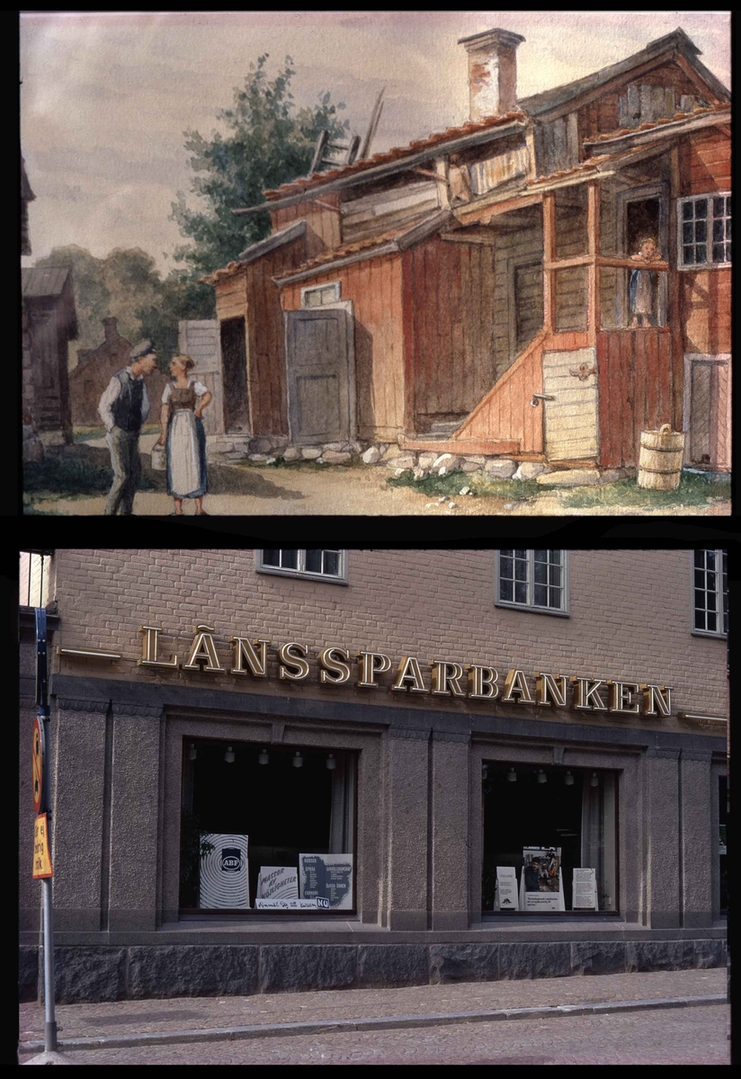 Övre bild: ”Vid Slottsgatan 17 där nu Länssparbanken stora hus reser sig. Gagges pensel visat att kurtis inte är någon modern uppfinning.” Nedre bild: ” Länssparbanken från 1916.”