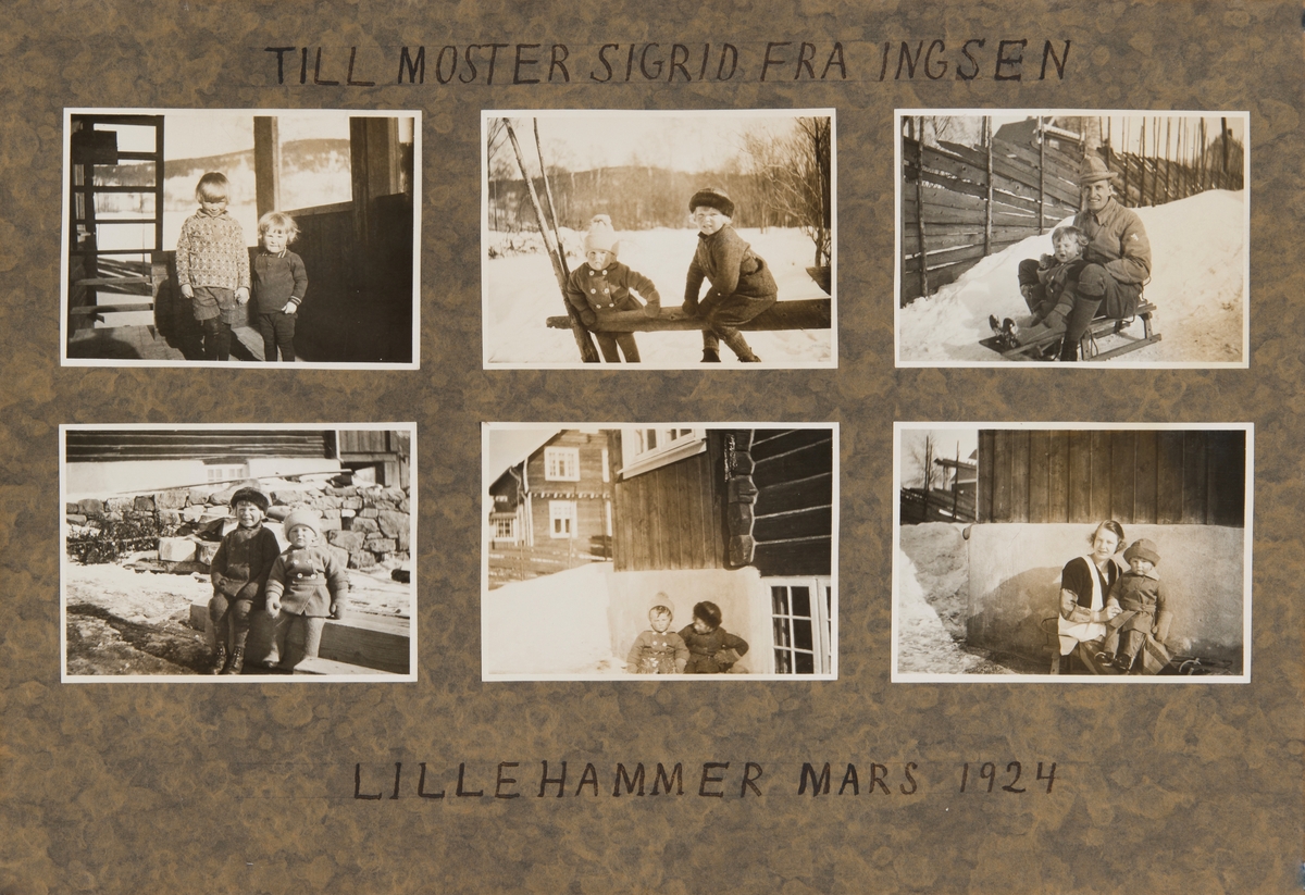 Seks bilder av Sigrid Undsets nevø Ingvald (Ingsen).På et bilde sitter han på kjelke sammen med sin far, Einar Wiberg. På et annet sitter han på fanget til Mary Andersen, g. Stendahl. På resten av bildene er han sammen med sin fetter Hans Benedict, Sigrid Undsets sønn. 