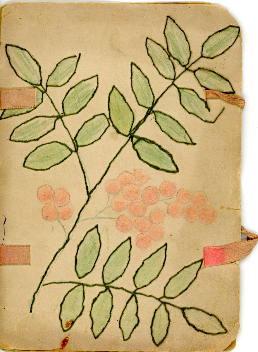 Mapp i papper med ärglagda-och broderade blommor. Årtalet 1900 broderat och färglagt på baksidan. Går att försluta med hjälp av rosa band. Hittades i en brevbunt och innehåller framförallt brev till Ester Hammarstedt.