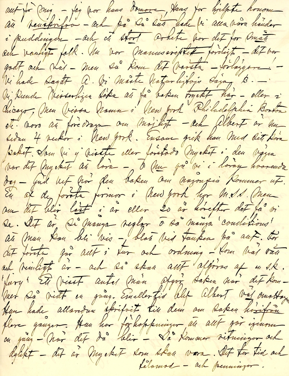 Brev skrivet 1900-11-05 till Fredrique Hammarstedt från vännen Sophie. Brevet består av 16 sidor text på åtta pappersark. Brevet hittades utan kuvert i en anteckningsbok som tillhörde Ninni och Fredrique Hammarstedt. Handskrivet i svart bläck.