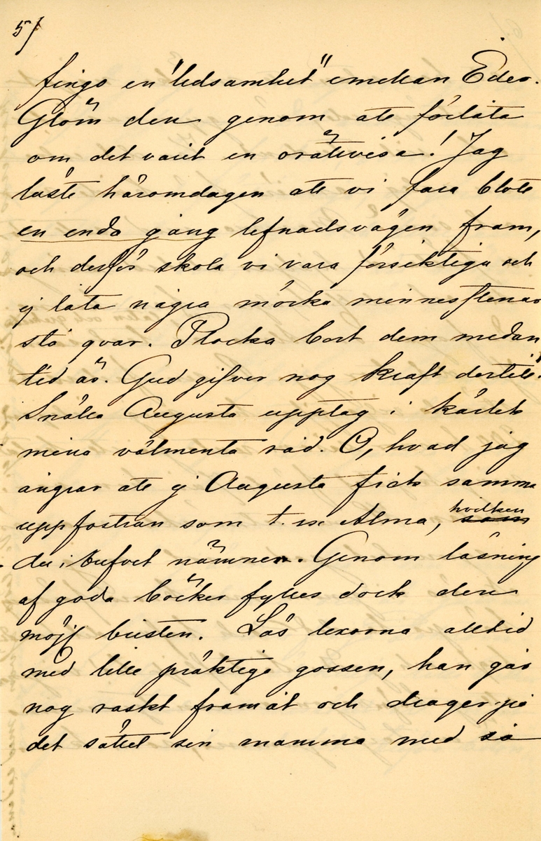 Brev skrivet 1890-07-16 av Fredrique Hammarstedt till vännen Agneta Swan. Brevet består av tio sidor text skrivna på tre pappersark. Brevet hittades i ett adresserat kuvertet. Handskrivet i svart bläck.