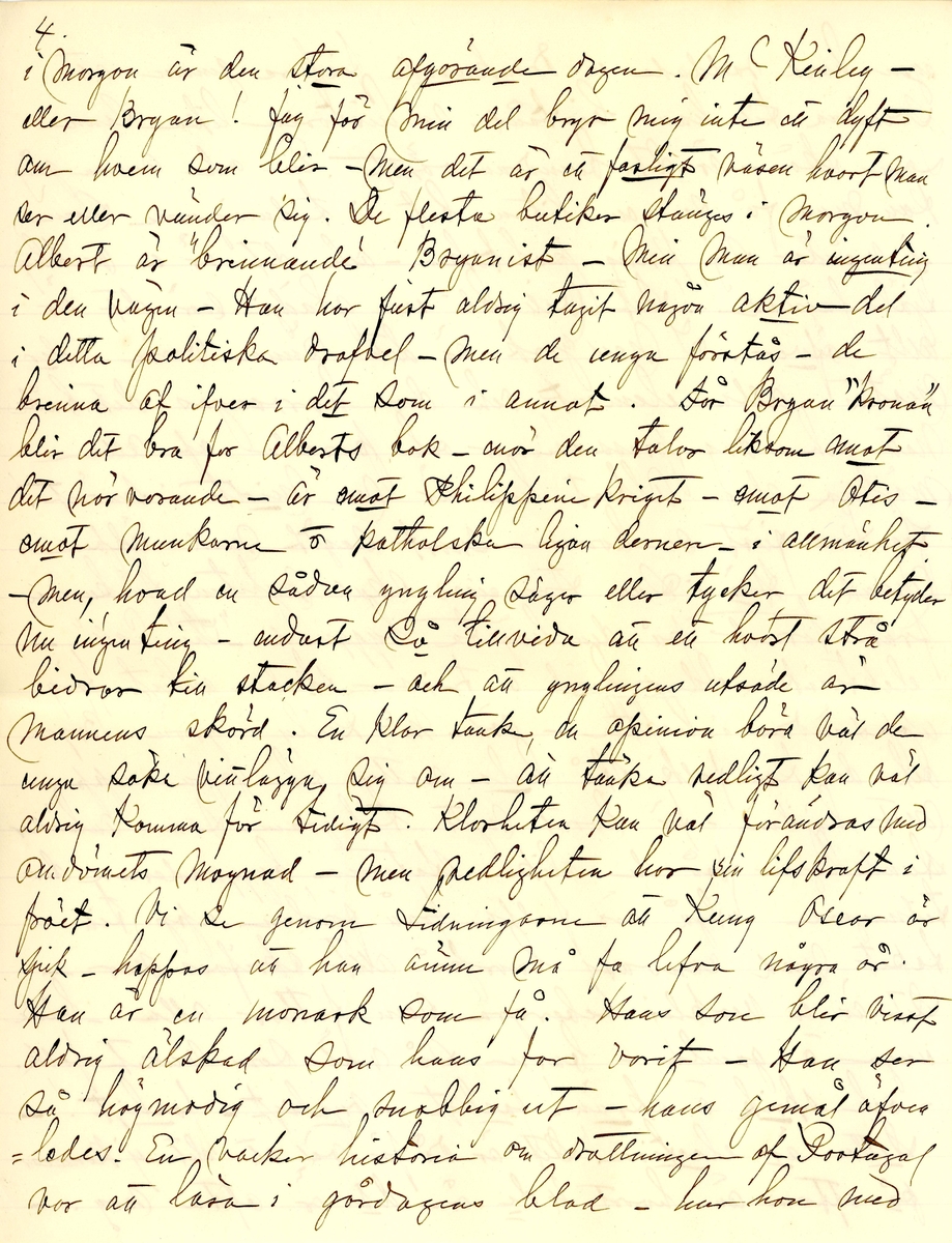 Brev skrivet 1900-11-05 till Fredrique Hammarstedt från vännen Sophie. Brevet består av 16 sidor text på åtta pappersark. Brevet hittades utan kuvert i en anteckningsbok som tillhörde Ninni och Fredrique Hammarstedt. Handskrivet i svart bläck.