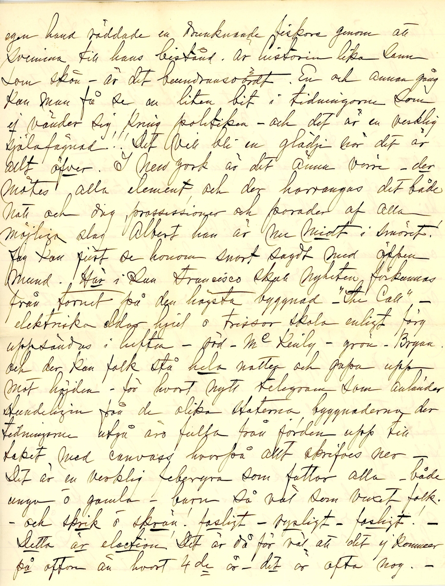 Brev skrivet 1900-11-05 till Fredrique Hammarstedt från vännen Sophie. Brevet består av 16 sidor text på åtta pappersark. Brevet hittades utan kuvert i en anteckningsbok som tillhörde Ninni och Fredrique Hammarstedt. Handskrivet i svart bläck.