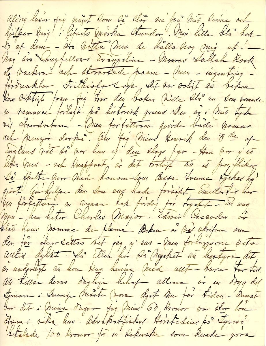 Brev skrivet 1900-11-05 till Fredrique Hammarstedt från vännen Sophie. Brevet består av 16 sidor text på åtta pappersark. Brevet hittades utan kuvert i en anteckningsbok som tillhörde Ninni och Fredrique Hammarstedt. Handskrivet i svart bläck.