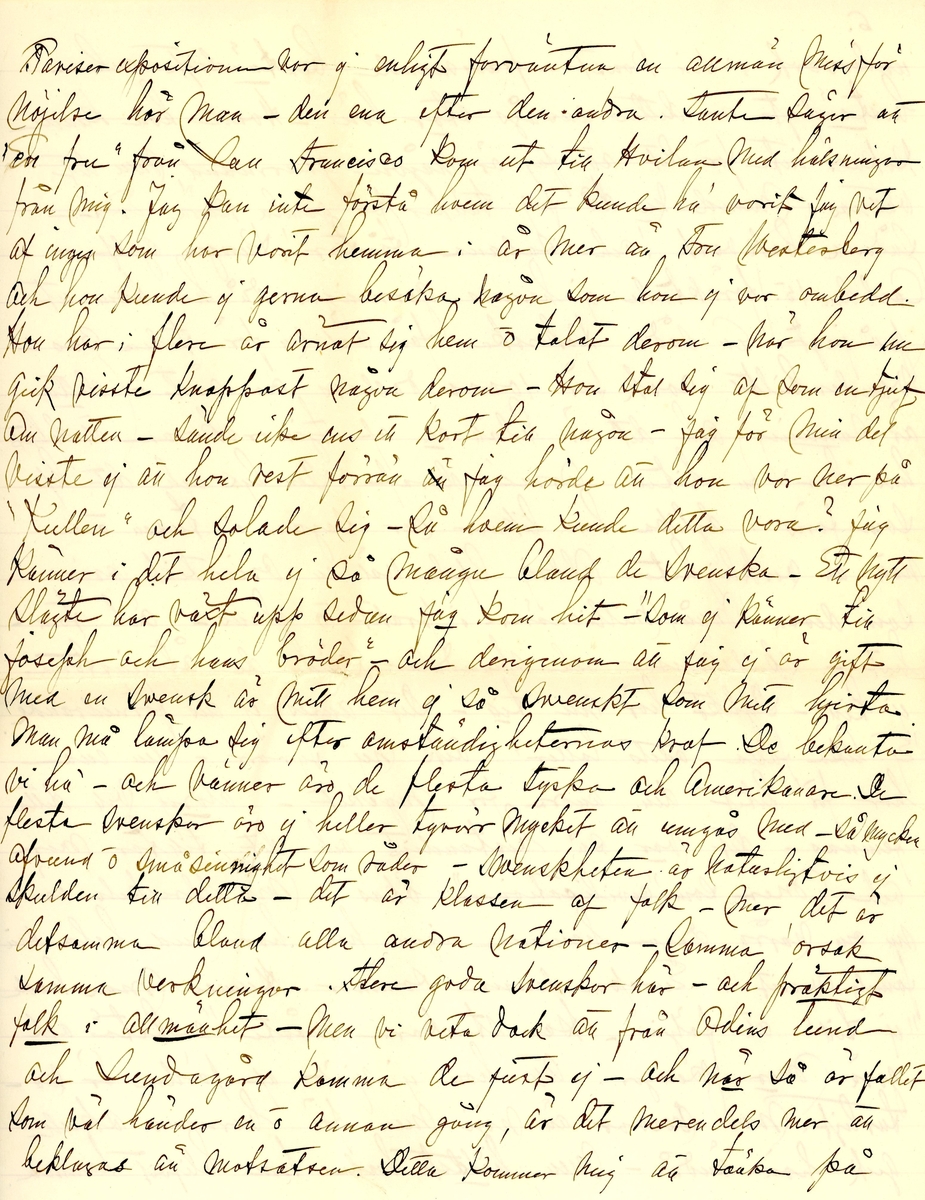 Brev skrivet 1900-11-05 till Fredrique Hammarstedt från vännen Sophie. Brevet består av 16 sidor text på åtta pappersark. Brevet hittades utan kuvert i en anteckningsbok som tillhörde Ninni och Fredrique Hammarstedt. Handskrivet i svart bläck.