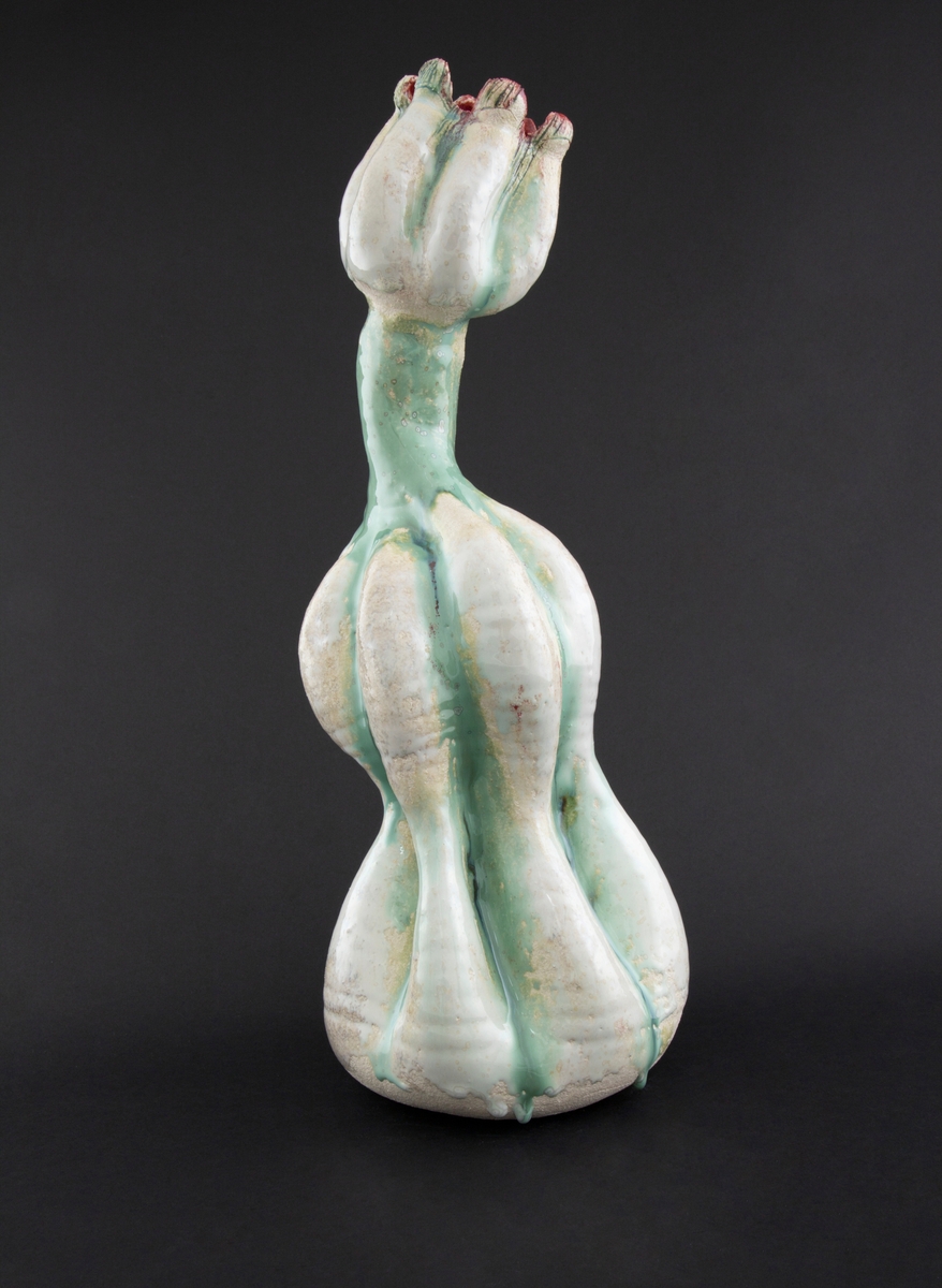 Håndmodellert skulptur i glasert steingods med oppreist holdning. Den har en organisk og asymmetrisk kalebassform som ender i en tulipanform med halvåpne kronblader. Keramikkskulpturen inngår i en installasjon bestående av 26 deler i ulike størrelser og med individuell utforming. De asymmetriske variasjonene gir et inntrykk av bevegelse, og den lett sykelige fargepaletten gir et uhyggelig og grotesk preg. Samtlige deler minner om kjøttetende planter.