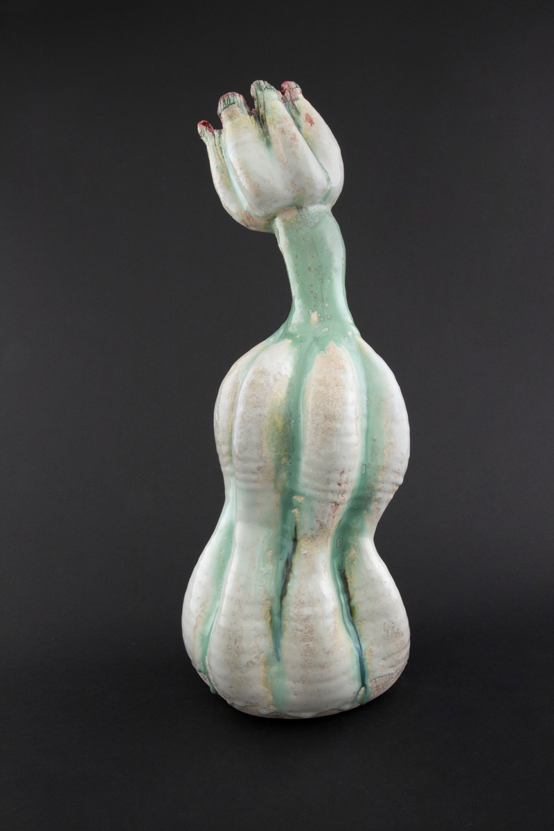 Håndmodellert skulptur i glasert steingods med oppreist holdning. Den har en organisk og asymmetrisk kalebassform som ender i en tulipanform med halvåpne kronblader. Keramikkskulpturen inngår i en installasjon bestående av 26 deler i ulike størrelser og med individuell utforming. De asymmetriske variasjonene gir et inntrykk av bevegelse, og den lett sykelige fargepaletten gir et uhyggelig og grotesk preg. Samtlige deler minner om kjøttetende planter.