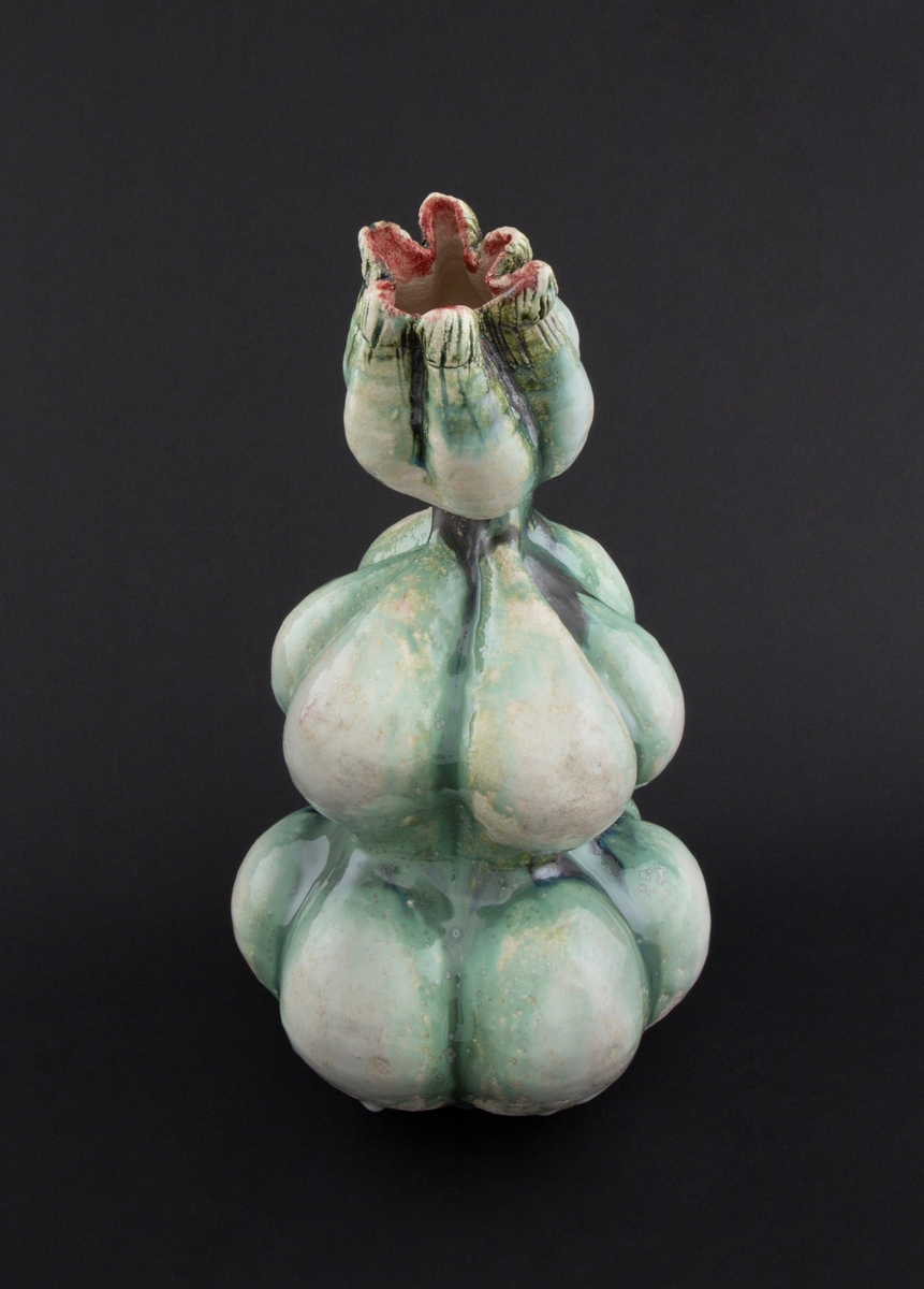 Håndmodellert skulptur i glasert steingods med oppreist holdning og litt tiltet hode. Den har en organisk og asymmetrisk kalebassform som ender i en tulipanform med halvåpne kronblader. Keramikkskulpturen inngår i en installasjon bestående av 26 deler i ulike størrelser og med individuell utforming. De asymmetriske variasjonene gir et inntrykk av bevegelse, og den lett sykelige fargepaletten gir et uhyggelig og grotesk preg. Samtlige deler minner om kjøttetende planter.