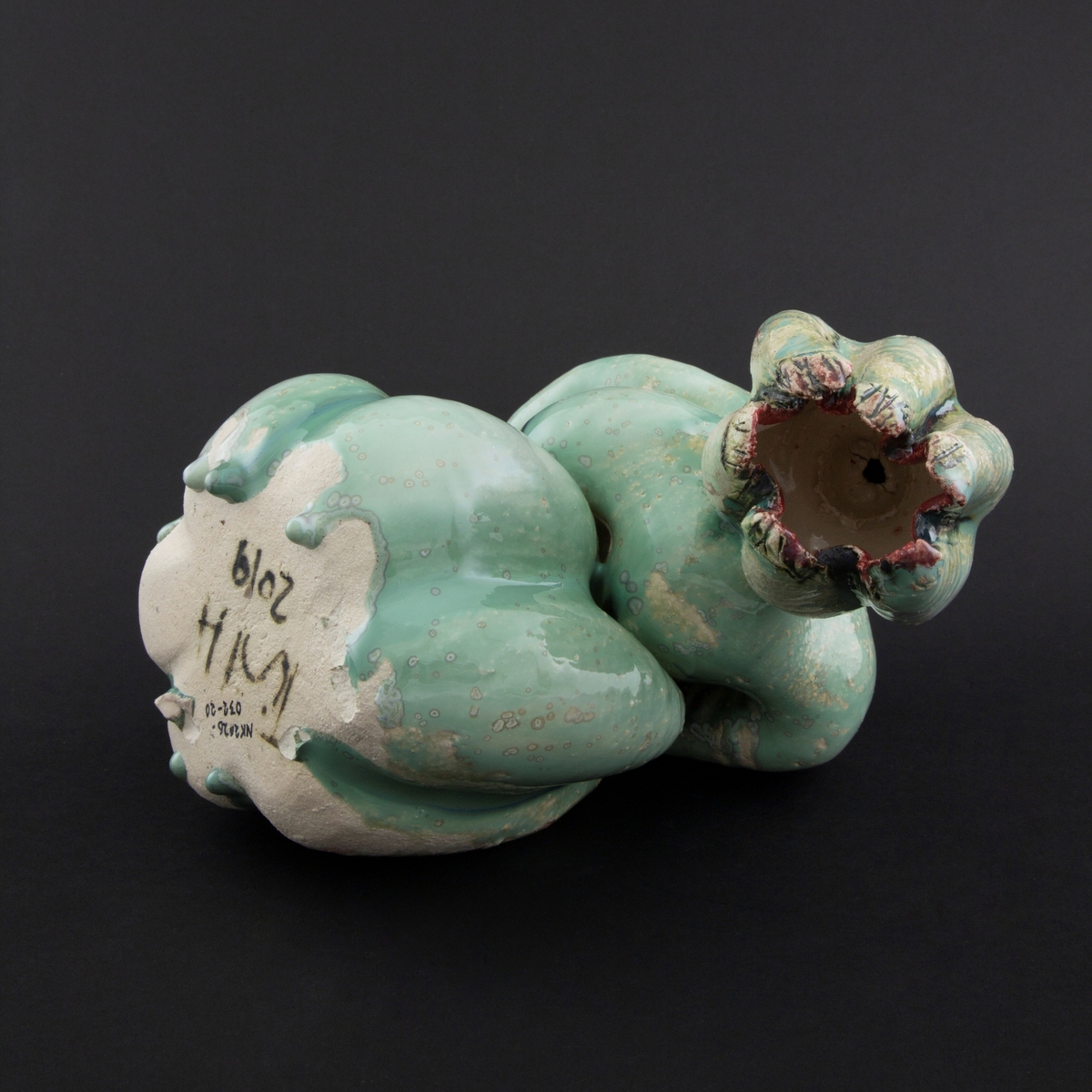 Håndmodellert skulptur i glasert steingods i liggende positur. Den har en organisk og asymmetrisk kalebassform som ender i en tulipanform med halvåpne kronblader. Keramikkskulpturen inngår i en installasjon bestående av 26 deler i ulike størrelser og med individuell utforming. De asymmetriske variasjonene gir et inntrykk av bevegelse, og den lett sykelige fargepaletten gir et uhyggelig og grotesk preg. Samtlige deler minner om kjøttetende planter.