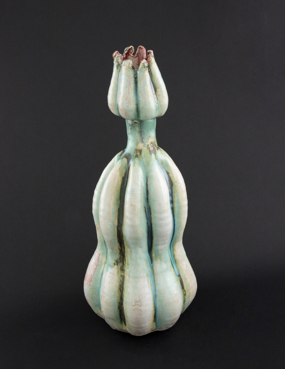 Håndmodellert skulptur i glasert steingods med oppreist holdning. Den har en organisk og asymmetrisk kalebassform som ender i en tulipanform med halvåpne kronblader. Keramikkskulpturen inngår i en installasjon bestående av 26 deler i ulike størrelser og med individuell utforming. De asymmetriske variasjonene gir et inntrykk av bevegelse, og den lett sykelige fargepaletten gir et uhyggelig og grotesk preg. Samtlige deler minner om kjøttetende planter.