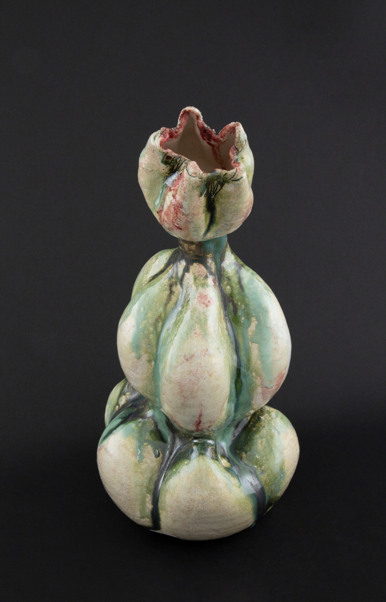 Håndmodellert skulptur i glasert steingods med oppreist holdning. Den har en organisk og asymmetrisk kalebassform som ender i en tulipanform med halvåpne kronblader. Keramikkskulpturen inngår i en installasjon bestående av 26 deler i ulike størrelser og med individuell utforming. De asymmetriske variasjonene gir et inntrykk av bevegelse, og den lett sykelige fargepaletten gir et uhyggelig og grotesk preg. Samtlige deler minner om kjøttetende planter.