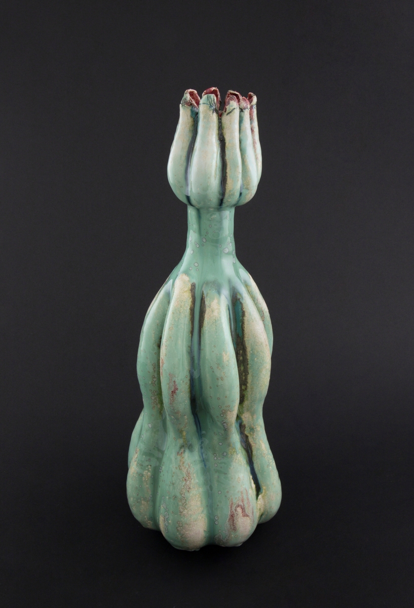 Håndmodellert skulptur i glasert steingods med oppreist holdning. Den har en organisk og asymmetrisk kalebassform som ender i en tulipanform med halvåpne kronblader. Keramikkskulpturen inngår i en installasjon bestående av 26 deler i ulike størrelser og med individuell utforming. De asymmetriske variasjonene gir et inntrykk av bevegelse, og den lett sykelige fargepaletten gir et uhyggelig og grotesk preg. Samtlige deler minner om kjøttetende planter.