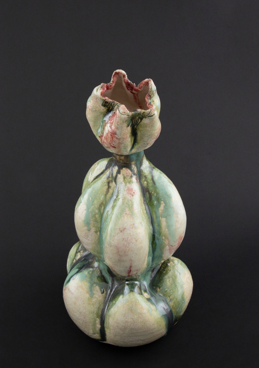 Håndmodellert skulptur i glasert steingods med oppreist holdning. Den har en organisk og asymmetrisk kalebassform som ender i en tulipanform med halvåpne kronblader. Keramikkskulpturen inngår i en installasjon bestående av 26 deler i ulike størrelser og med individuell utforming. De asymmetriske variasjonene gir et inntrykk av bevegelse, og den lett sykelige fargepaletten gir et uhyggelig og grotesk preg. Samtlige deler minner om kjøttetende planter.