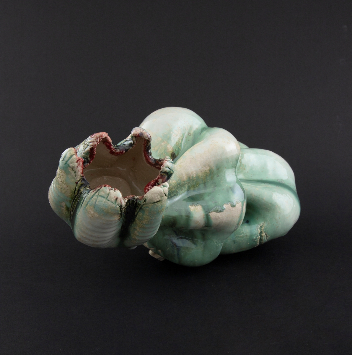 Håndmodellert skulptur i glasert steingods i nesten liggende positur. Den har en organisk og asymmetrisk kalebassform som ender i en tulipanform med halvåpne kronblader. Keramikkskulpturen inngår i en installasjon bestående av 26 deler i ulike størrelser og med individuell utforming. De asymmetriske variasjonene gir et inntrykk av bevegelse, og den lett sykelige fargepaletten gir et uhyggelig og grotesk preg. Samtlige deler minner om kjøttetende planter.