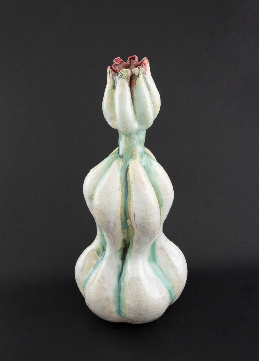 Håndmodellert skulptur i glasert steingods med oppreist holdning. Den har en organisk og asymmetrisk kalebassform som ender i en tulipanform med halvåpne kronblader. Keramikkskulpturen inngår i en installasjon bestående av 26 deler i ulike størrelser og med individuell utforming. De asymmetriske variasjonene gir et inntrykk av bevegelse, og den lett sykelige fargepaletten gir et uhyggelig og grotesk preg. Samtlige deler minner om kjøttetende planter.