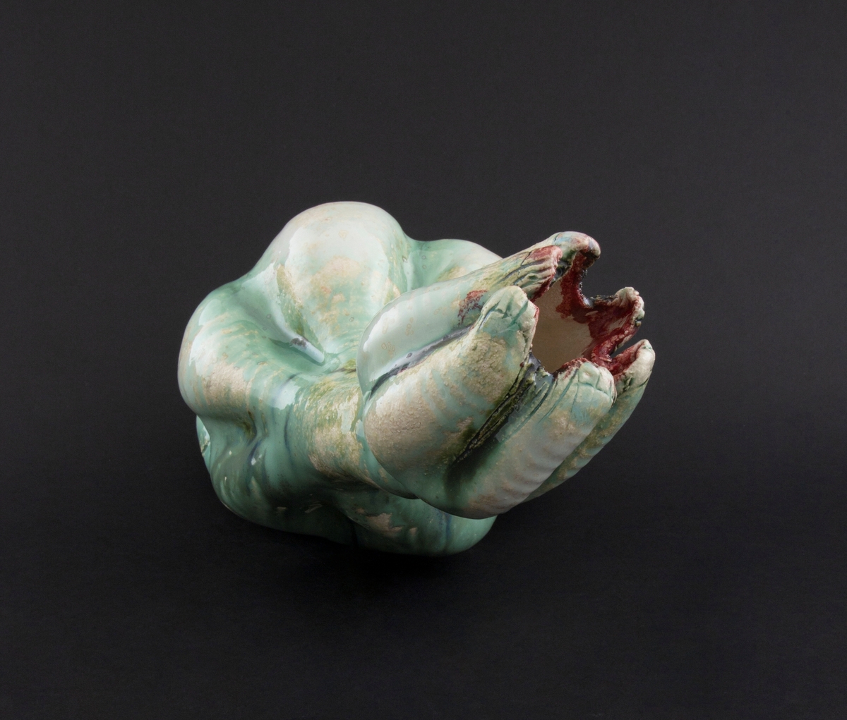 Håndmodellert skulptur i glasert steingods i nesten liggende positur. Den har en organisk og asymmetrisk kalebassform som ender i en tulipanform med halvåpne kronblader. Keramikkskulpturen inngår i en installasjon bestående av 26 deler i ulike størrelser og med individuell utforming. De asymmetriske variasjonene gir et inntrykk av bevegelse, og den lett sykelige fargepaletten gir et uhyggelig og grotesk preg. Samtlige deler minner om kjøttetende planter.