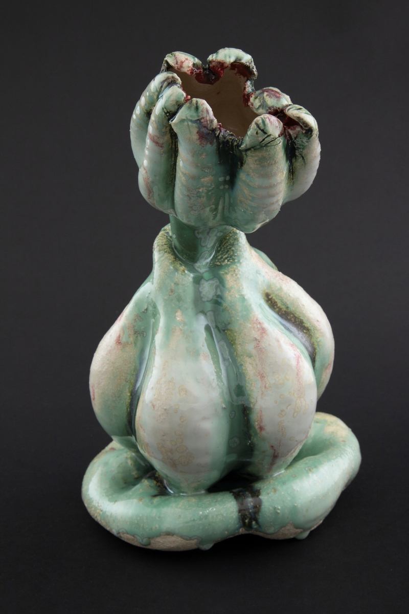 Håndmodellert skulptur i glasert steingods med henslengt kropp. Den har en organisk og asymmetrisk kalebassform som ender i en tulipanform med halvåpne kronblader. Keramikkskulpturen inngår i en installasjon bestående av 26 deler i ulike størrelser og med individuell utforming. De asymmetriske variasjonene gir et inntrykk av bevegelse, og den lett sykelige fargepaletten gir et uhyggelig og grotesk preg. Samtlige deler minner om kjøttetende planter.