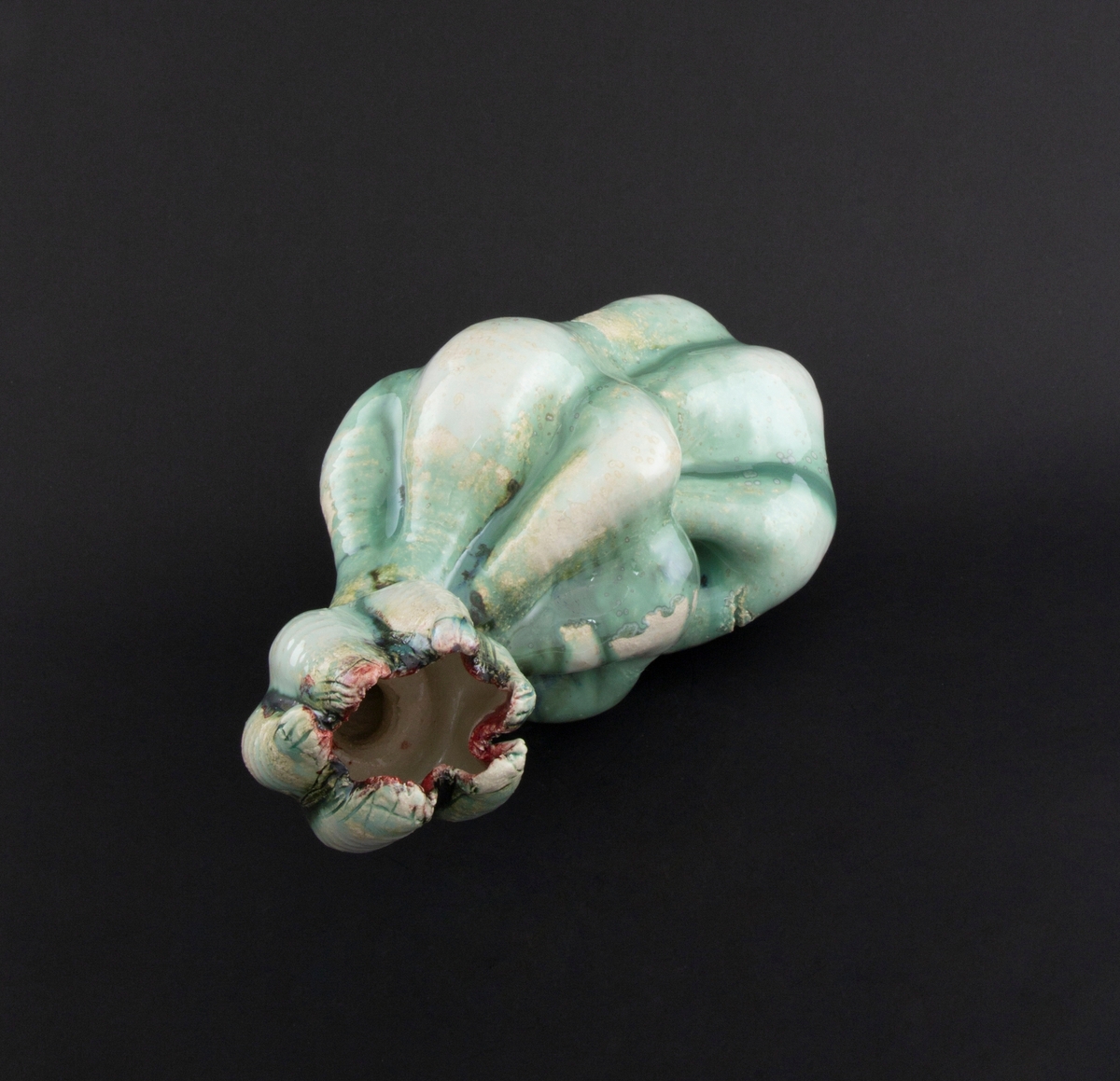 Håndmodellert skulptur i glasert steingods i nesten liggende positur. Den har en organisk og asymmetrisk kalebassform som ender i en tulipanform med halvåpne kronblader. Keramikkskulpturen inngår i en installasjon bestående av 26 deler i ulike størrelser og med individuell utforming. De asymmetriske variasjonene gir et inntrykk av bevegelse, og den lett sykelige fargepaletten gir et uhyggelig og grotesk preg. Samtlige deler minner om kjøttetende planter.