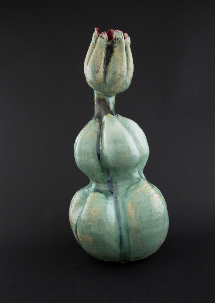 Håndmodellert skulptur i glasert steingods med oppreist holdning. Den har en organisk og asymmetrisk kalebassform som ender i en tulipanform med halvåpne kronblader. Keramikkskulpturen inngår i en installasjon bestående av 26 deler i ulike størrelser og med individuell utforming. De asymmetriske variasjonene gir et inntrykk av bevegelse, og den lett sykelige fargepaletten gir et uhyggelig og grotesk preg. Samtlige deler minner om kjøttetende planter.