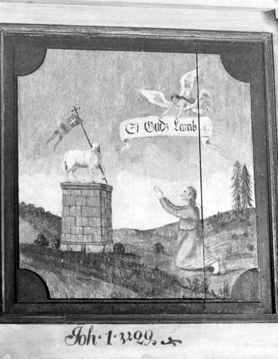 Slättåkra sn. Slättåkra kyrka.
Foto 1-2 Kyrkomålare P Hallbergs tolkning av bibeltexterna som han 1801 målade på läktarbröstningen i Slättåkra kyrka.
Foto 3 En av läktarbröstningens målningar. Se Halland 1985 sidan 12.
Foto 4 Målarmästare P Hallbergs tolkning av Kristi himmelsfärd. Se Halland 1985 sidan 10.
Foto 5-6 Bänkdörrar i Slättåkra kyrka från 1767, målade 1801 av kyrkomålaren P Hallberg, Halmstad.