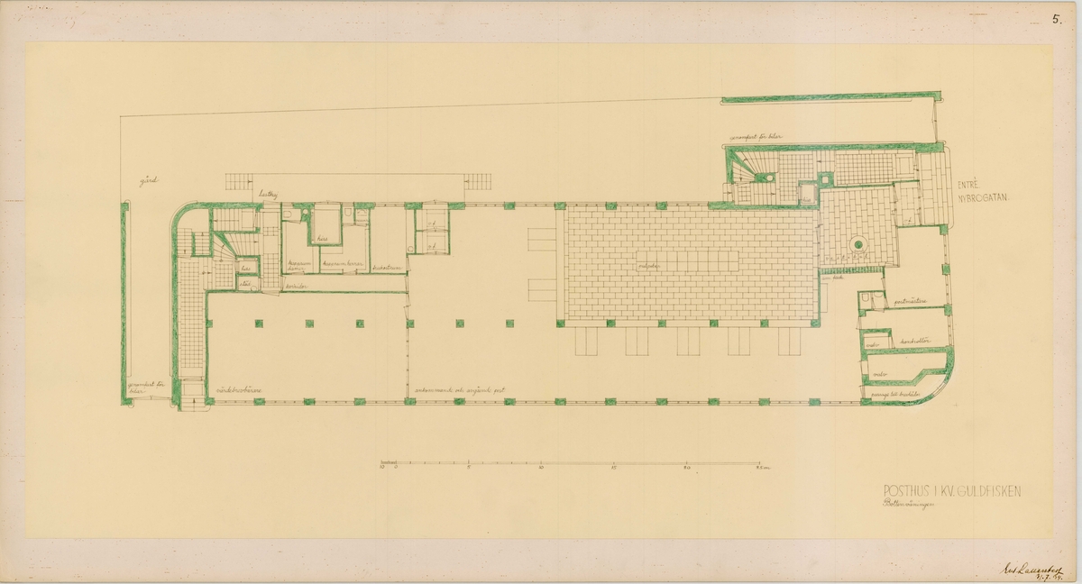 Ritning posthus, Stockholm 5. Postkontor och bostäder.