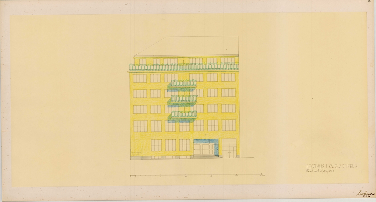 Ritning posthus, Stockholm 5. Postkontor och bostäder.