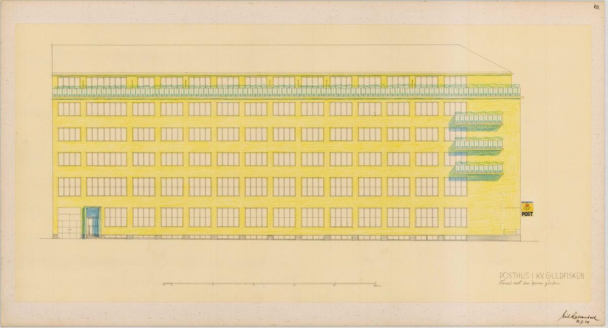 Ritning posthus, Stockholm 5. Postkontor och bostäder.