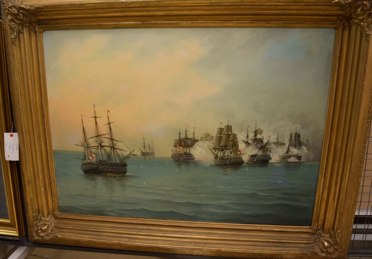 Oljemålning. Motiv: Konvojerande skeppet Ölands strid med åtta engelska örlogskepp och en fregatt vid Orfordness utanför Suffolk den 27 juli 1704. Befälhavare ombord på skeppet var Gustaf Psilander.
Signerad: H. Hbrg (okänd konstnär)
På duk inom guldbronserad ram.

Utan ram B= 1050 mm H= 750 mm Med ram B= 1375 mm H= 1070 mm