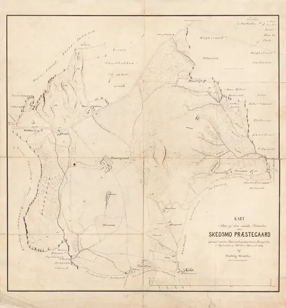 Kart av typen diazotypi over Huseby gårds eiendom fra 1869. Nasjonalbiblioteket.