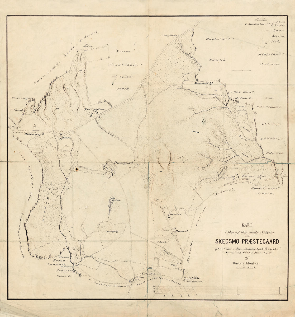 Kart av typen diazotypi over Huseby gårds eiendom fra 1869. Nasjonalbiblioteket.
