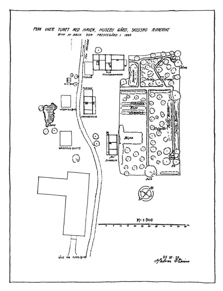 Tegning over gårds- og hageanlegget fra 1929 tegnet av arkitekt Halvor Vreim. Riksantikvaren.