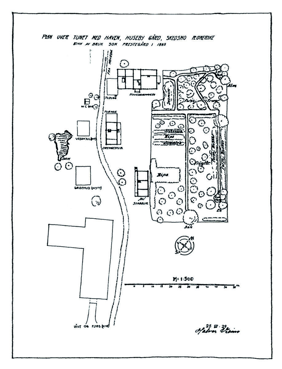 Tegning over gårds- og hageanlegget fra 1929 tegnet av arkitekt Halvor Vreim. Riksantikvaren.