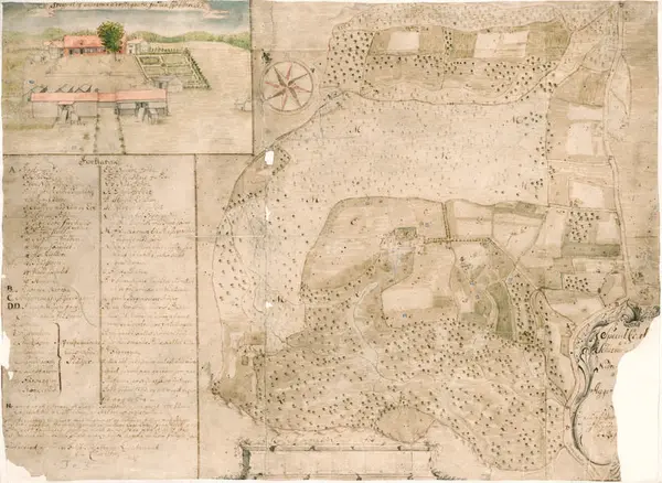Håndtegnet og kolorert kart over Huseby gårds eiendom fra 1780. Riksarkivet.