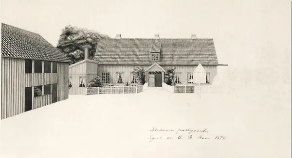 Drengestuen og hovedbygningen på Huseby gård. Tegning av A. B. Baar. 1874.