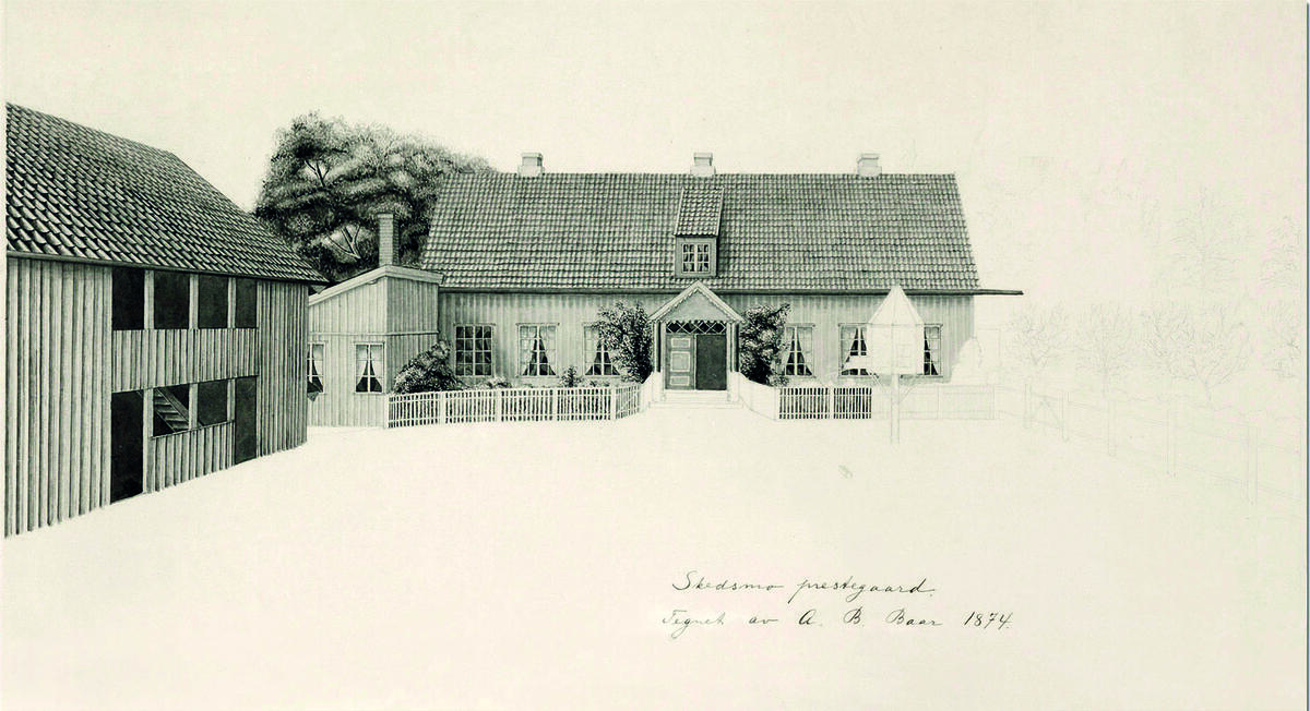 Drengestuen og hovedbygningen på Huseby gård. Tegning av A. B. Baar. 1874.