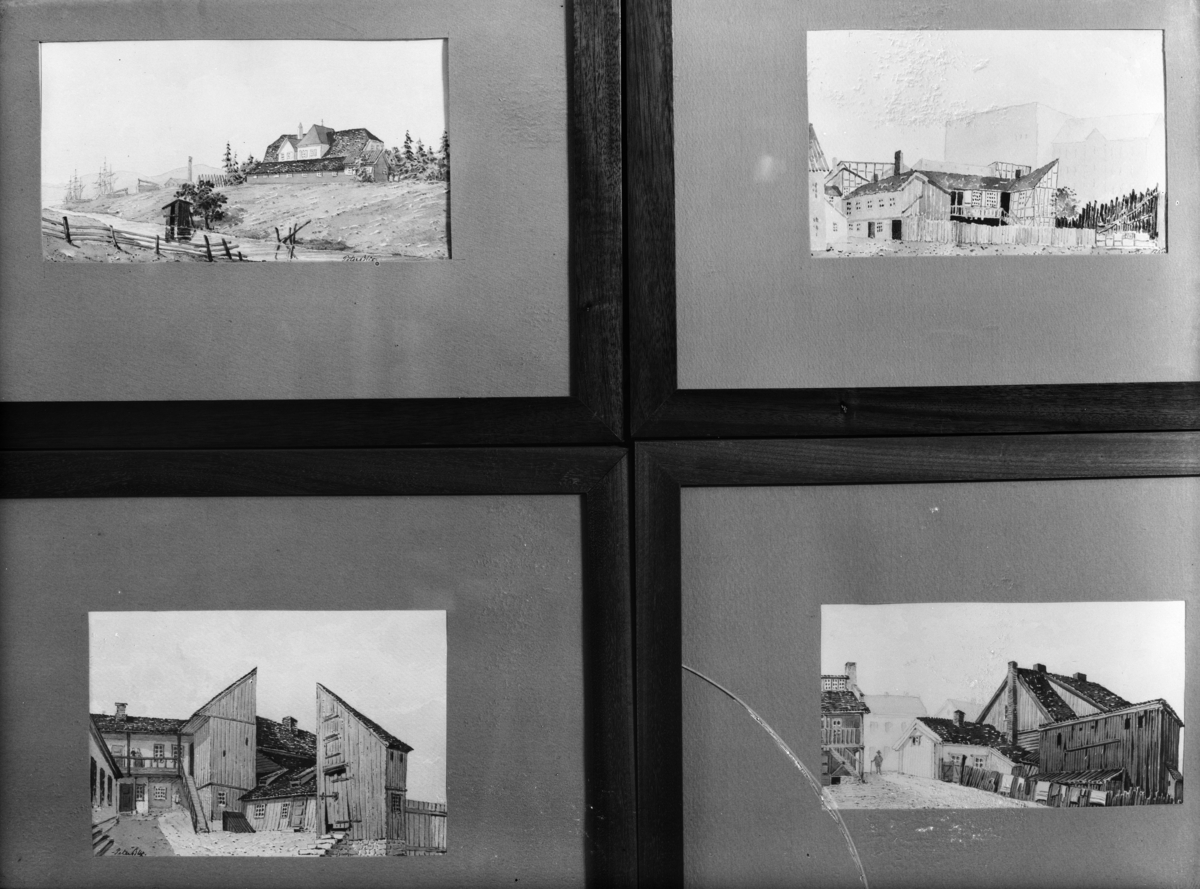 Reprofotografier av tegninger av Peter Andreas Blix. Tegningene forestiller bygninger i gamle Kristiania.
