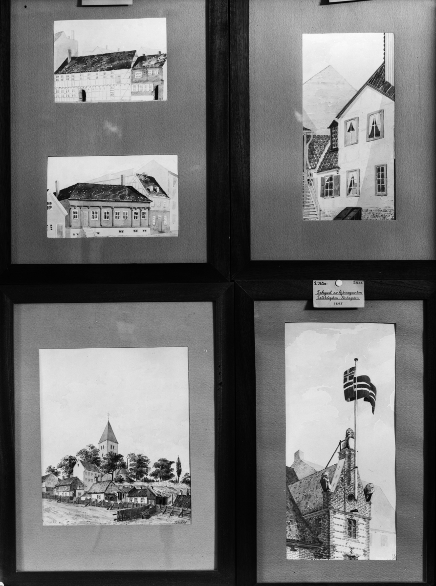 Reprofotografier av tegninger av Peter Andreas Blix. Tegningene forestiller bygninger i gamle Kristiania.
