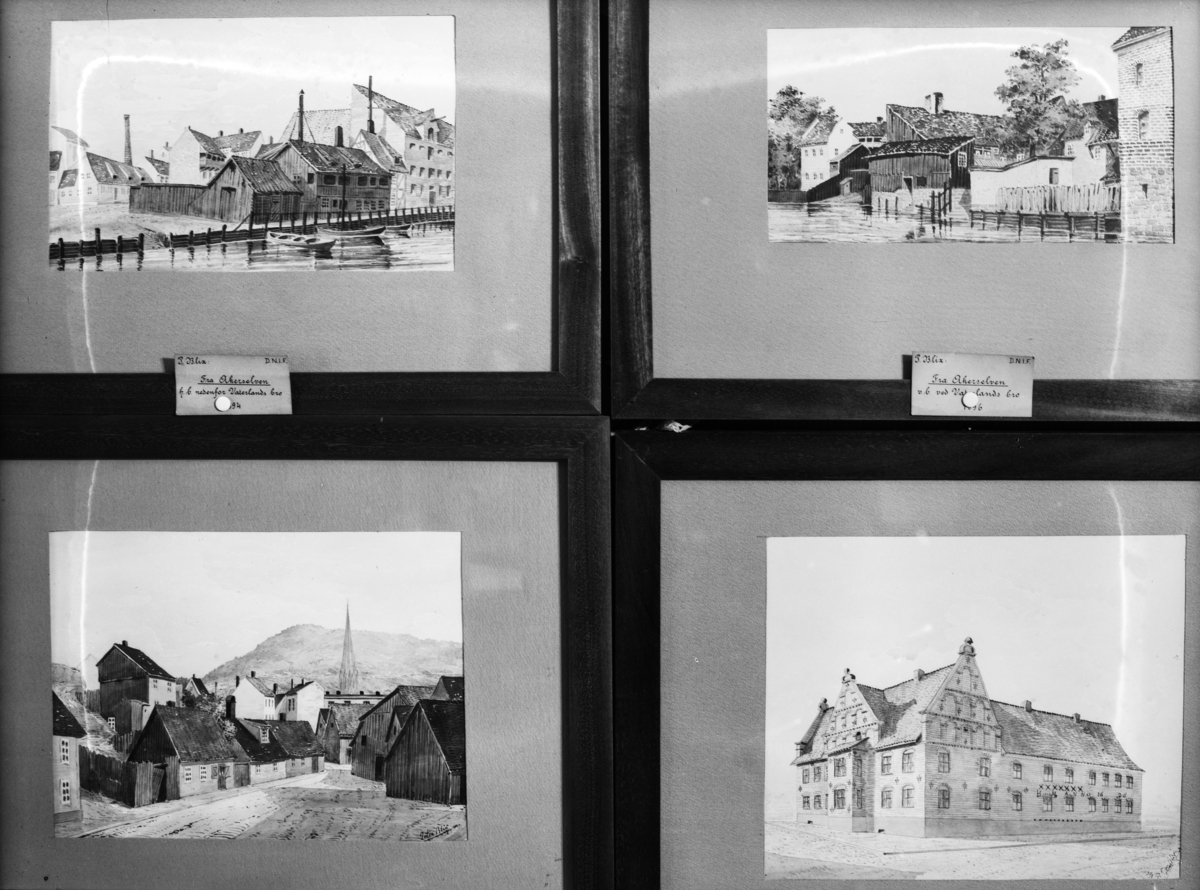 Reprofotografier av tegninger av Peter Andreas Blix. Tegningene forestiller bygninger i gamle Kristiania.
