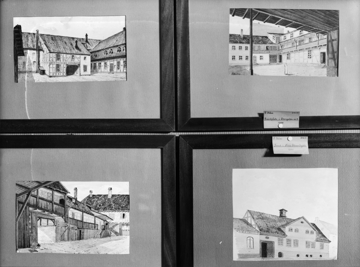 Reprofotografier av tegninger av Peter Andreas Blix. Tegningene forestiller bygninger i gamle Kristiania.
