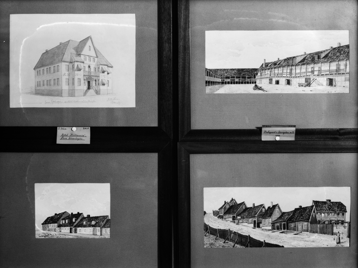 Reprofotografier av tegninger av Peter Andreas Blix. Tegningene forestiller bygninger i gamle Kristiania.
