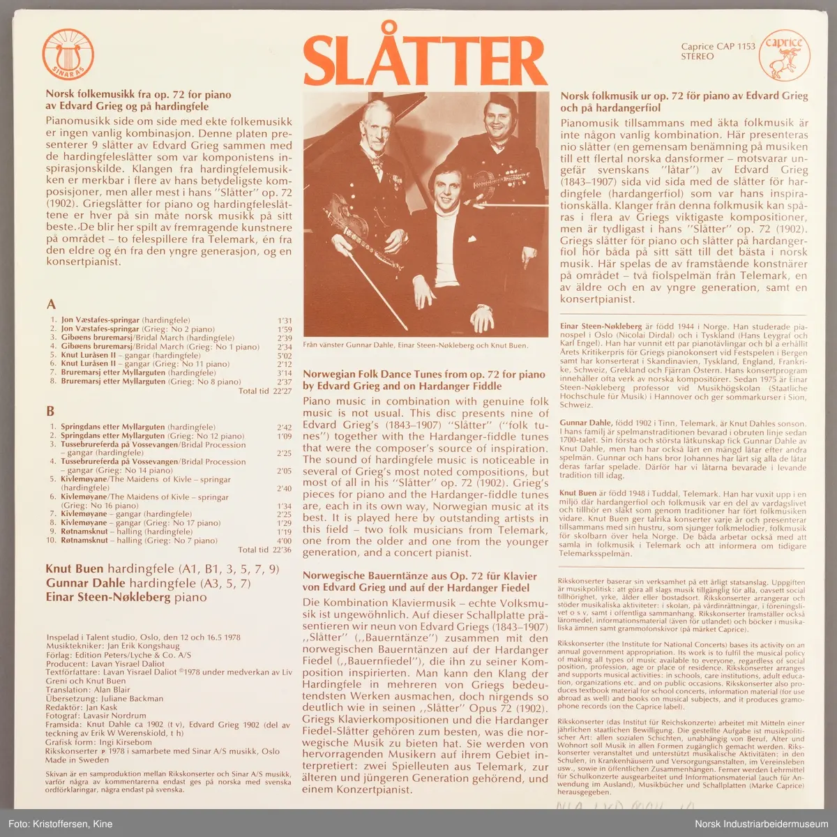 Slåtter Knut Buen/ Gunnar Dahle, hardingfele. Einar Steen-Nøkleberg, piano. Norsk folkmusik i original och i Edvard Griegs pianobearbetning