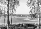 Vackert komponerat panorama från Hannäs. I bakgrunden skymtar Hägerstad slott med ladugård, växthus och godsets trädgårdsmästarebostad. Än längre bort i diset anas Hannäs kyrka. Tiden är 1890-talets senare del.