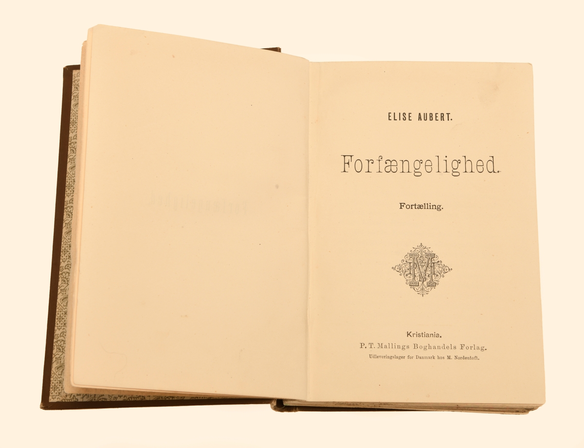 Boken "Forfængelighed" av Elise Aubert. Boken er på 297 sider uten avsnitt/kapitler. Det er heller ingen illustrasjoner i boken. Boken har stive permer trukket med brunt overtrekkspapir. På forsiden er det svarte striper som rammer inn forsiden med en bord med gullkors innenfor. Innenfor er det brune blomsterranker på svart bunn. På midten er det et gullfelt med forfatternavn og tittel. På ryggen er det fire felter med gulldekor og et felt med forfatter og tittel. På innsiden av perm og første (og siste) blad har trykt blomstermotiv. På neste blad er det skrevet med penn, se "Påført tekst/merker". For mer informasjon om boken se foto av tittelbladet.