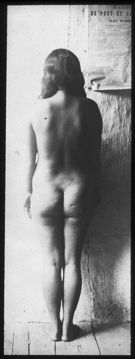 Bilden föreställer ett porträtt av en naken flicka bakifrån. Enligt Etnografiska museets bildinformation heter hon Akata (född 1865-70).