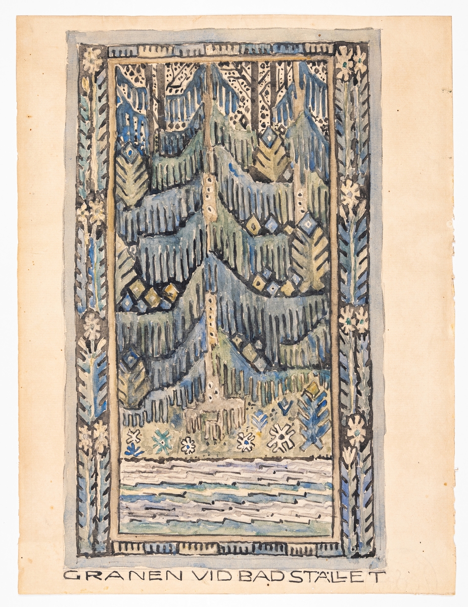 Akvarellerad skiss till gobelängen Granen vid badstället. Målad av Märta Måss-Fjetterström 1918 som förlaga till gobelängen hon utförde som en gåva till sin arbetsgivare och vän Lilli Zickerman på hennes 60-årsdag 1918. Enligt text med blyerts under skissen (numera på "baksidan" då pappret är vikt pga tidigare inramning) "Till Lilli med Tack för alla goda år i Wittsjö Märta." Motivet föreställer den stora granen vid badstället på andra sidan Vittsjön dit de brukade ro med kaffekorg på sommarkvällarna - enligt gåvogivaren som var en släkting eller släkting till nära bekant till Lilli, som överlämnande gåvan på 1980-talet till Nordiska museet/Textilmuseet i Högbo.