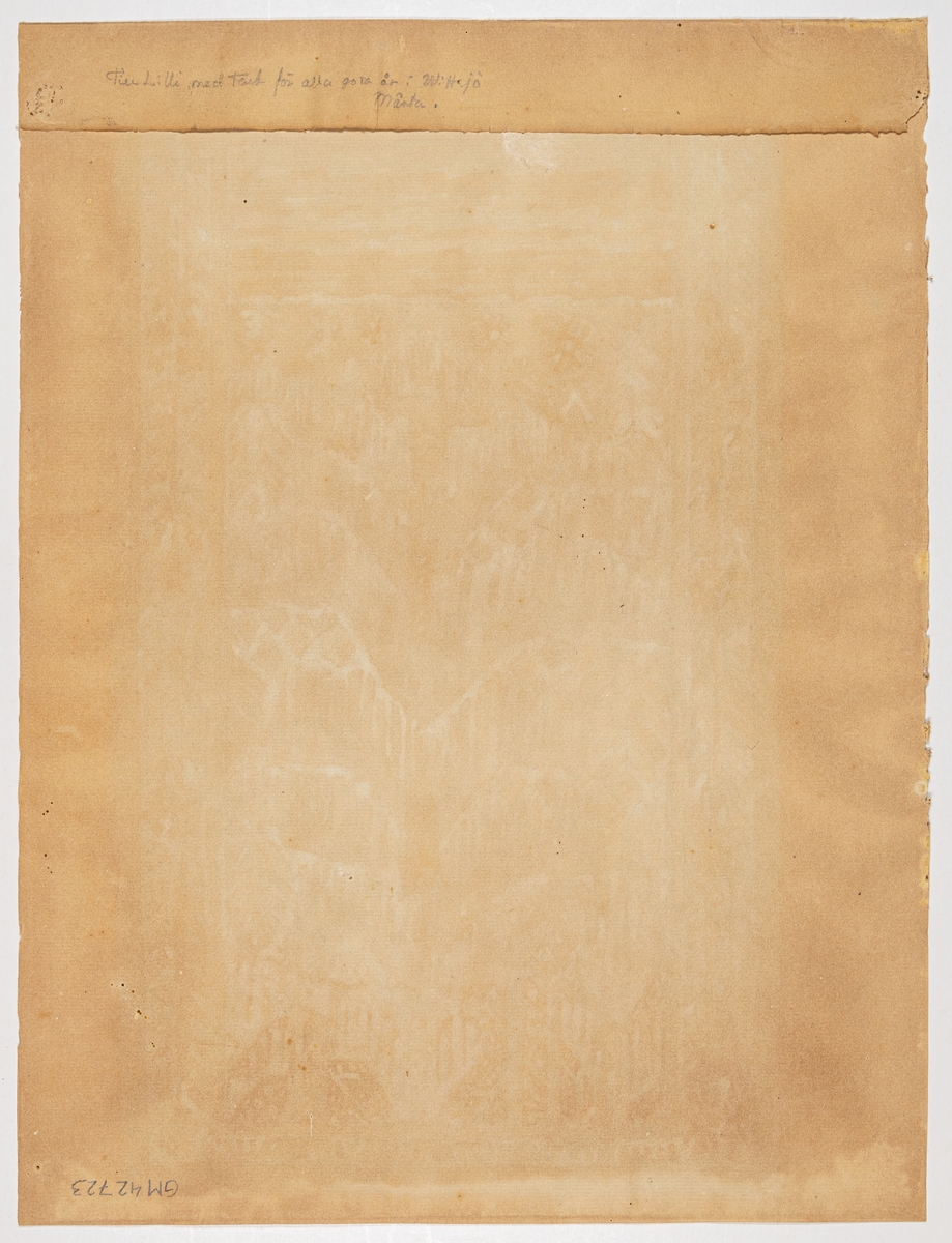 Akvarellerad skiss till gobelängen Granen vid badstället. Målad av Märta Måss-Fjetterström 1918 som förlaga till gobelängen hon utförde som en gåva till sin arbetsgivare och vän Lilli Zickerman på hennes 60-årsdag 1918. Enligt text med blyerts under skissen (numera på "baksidan" då pappret är vikt pga tidigare inramning) "Till Lilli med Tack för alla goda år i Wittsjö Märta." Motivet föreställer den stora granen vid badstället på andra sidan Vittsjön dit de brukade ro med kaffekorg på sommarkvällarna - enligt gåvogivaren som var en släkting eller släkting till nära bekant till Lilli, som överlämnande gåvan på 1980-talet till Nordiska museet/Textilmuseet i Högbo.