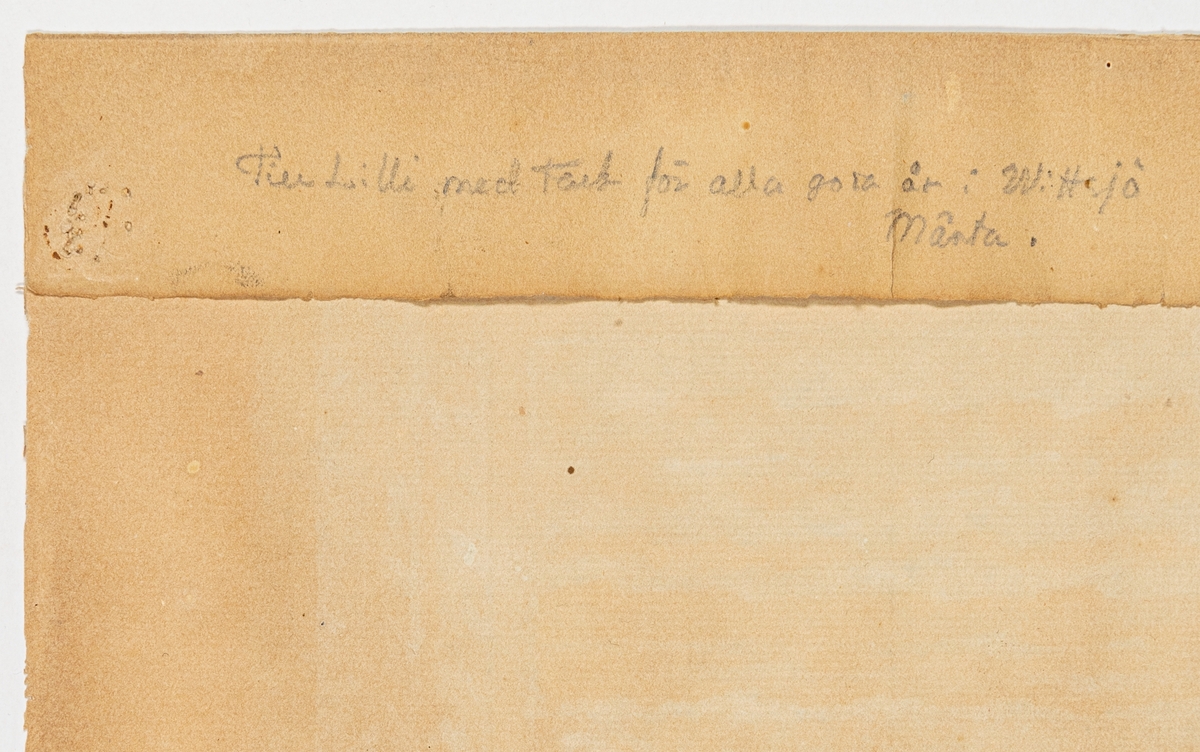 Akvarellerad skiss till gobelängen Granen vid badstället. Målad av Märta Måss-Fjetterström 1918 som förlaga till gobelängen hon utförde som en gåva till sin arbetsgivare och vän Lilli Zickerman på hennes 60-årsdag 1918. Enligt text med blyerts under skissen (numera på "baksidan" då pappret är vikt pga tidigare inramning) "Till Lilli med Tack för alla goda år i Wittsjö Märta." Motivet föreställer den stora granen vid badstället på andra sidan Vittsjön dit de brukade ro med kaffekorg på sommarkvällarna - enligt gåvogivaren som var en släkting eller släkting till nära bekant till Lilli, som överlämnande gåvan på 1980-talet till Nordiska museet/Textilmuseet i Högbo.