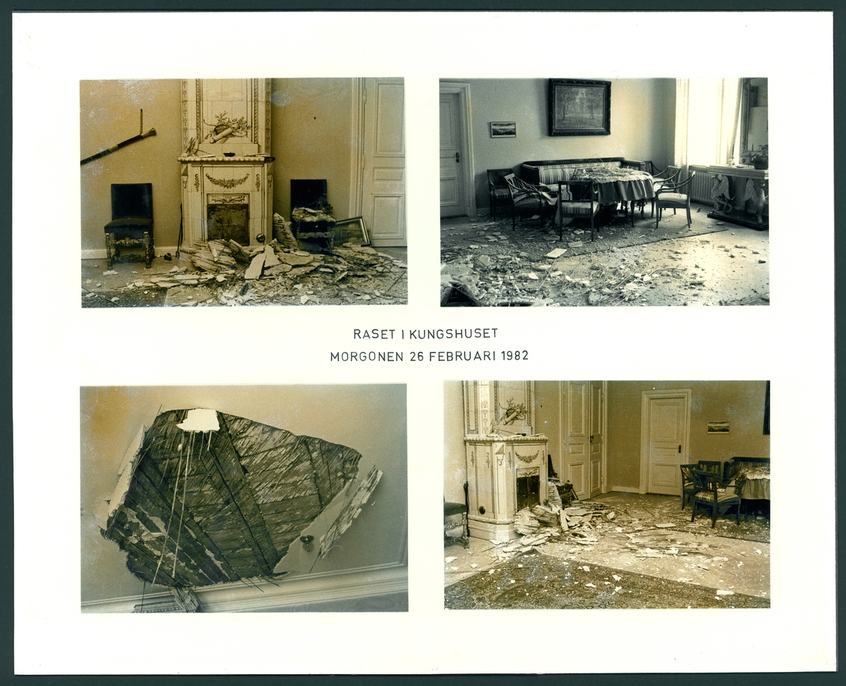 Denna collage av fyra bilder visar en byggnadsskada i Kungshuset i Karlskrona. Delar av det putsade innertak i ett av rummen har rasat ned på golvet.