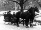 En släde dragen av två hästar står på Brahegatan vid södra uppfarten till torget. I densamma sitter en ung med tömmarna intill en kvinna. I sätet bakom sitter en pojk och en ung kvinna.